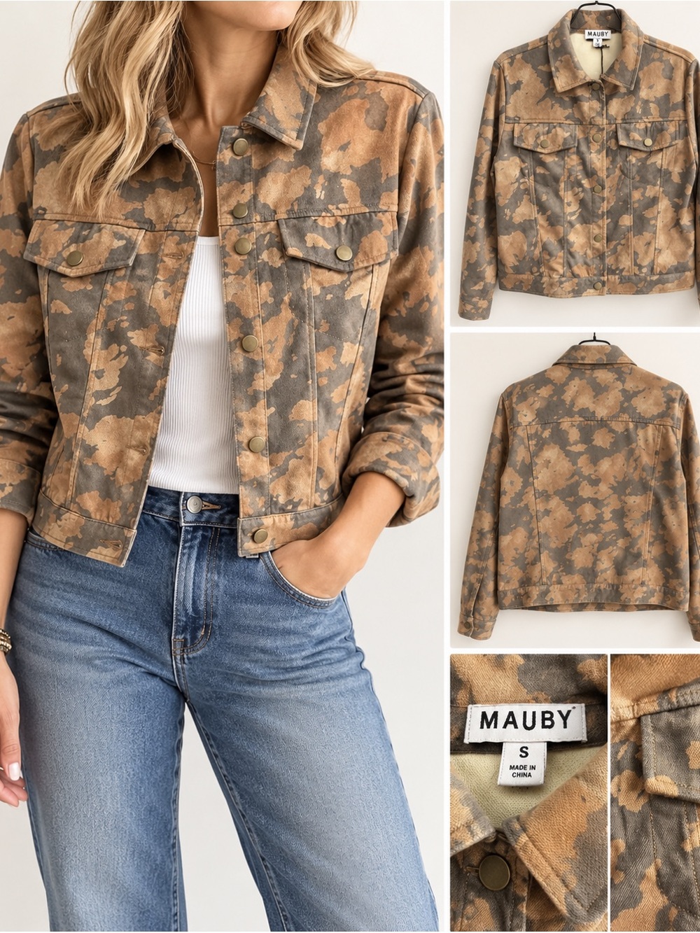 MAUBY NWT Faux Suede Abstract Camo Trucker Jacket Brown Size S